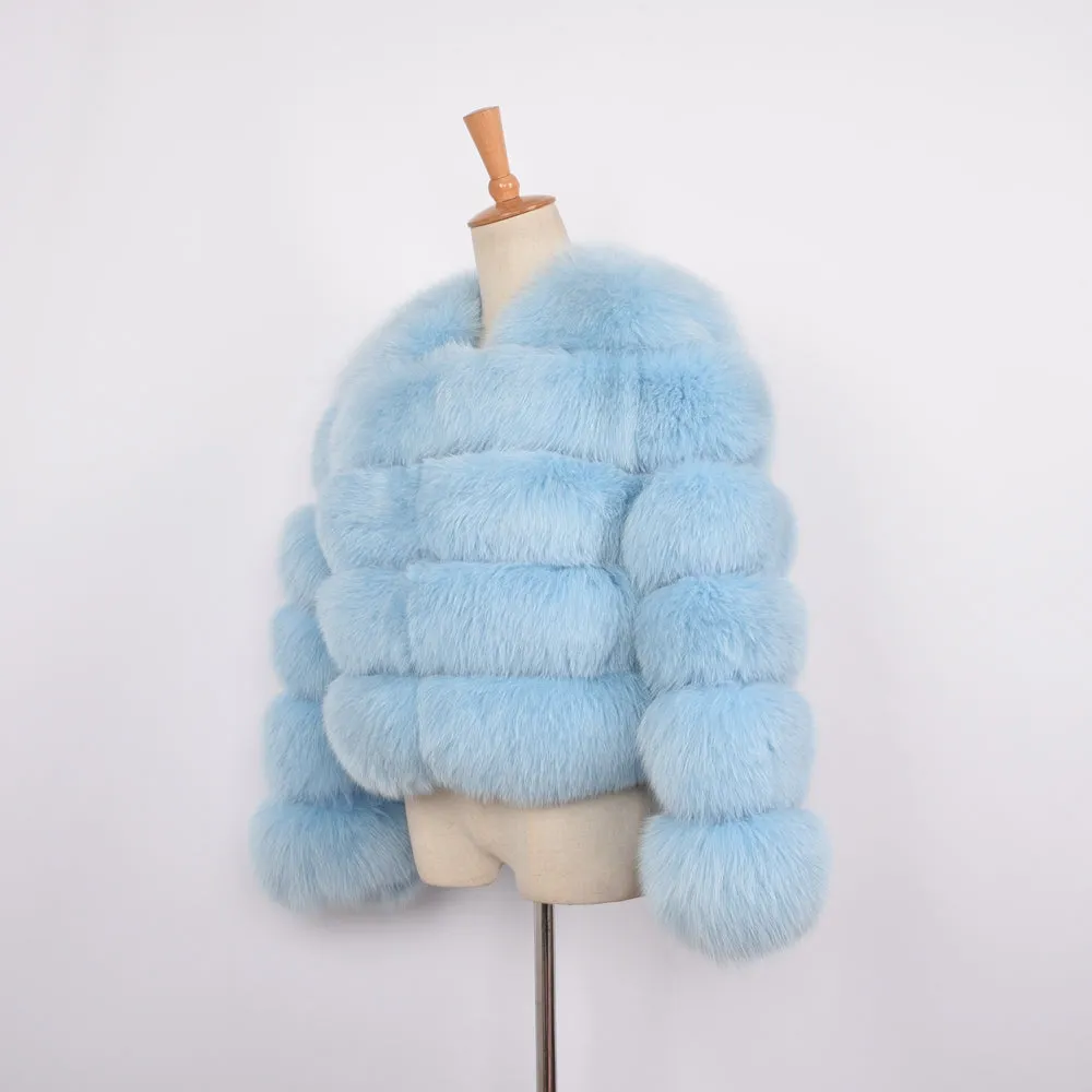 Women Real Fox Fur Full Sleeves Coat Winter Saga Fur Jacket Light Blue Outerwear