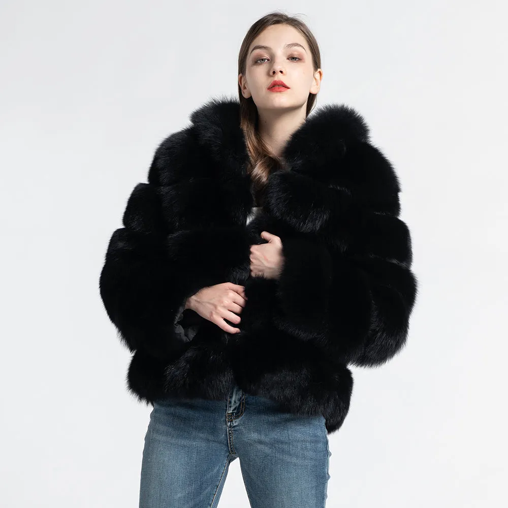 Women Real Fox Fur Hood Coats Fashion Style Fur Jacket Black