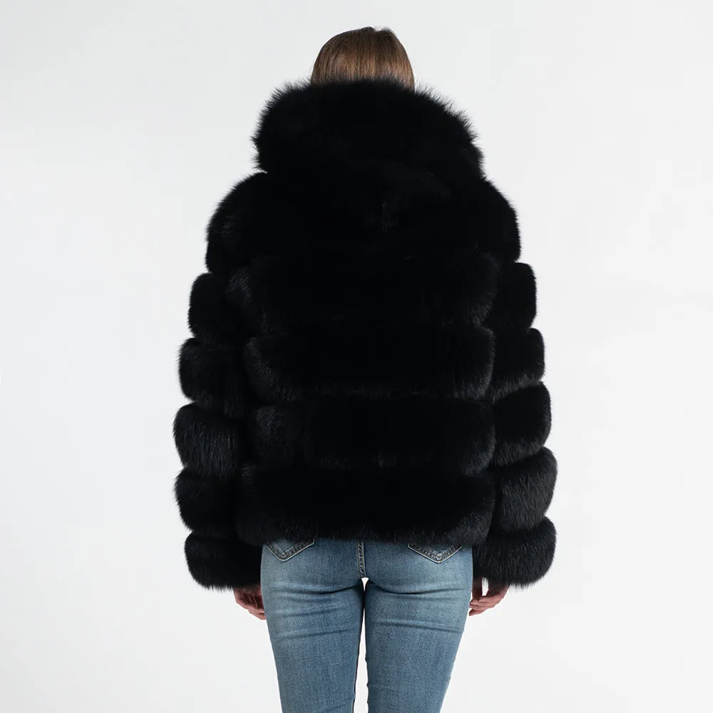 Women Real Fox Fur Hood Coats Fashion Style Fur Jacket Black