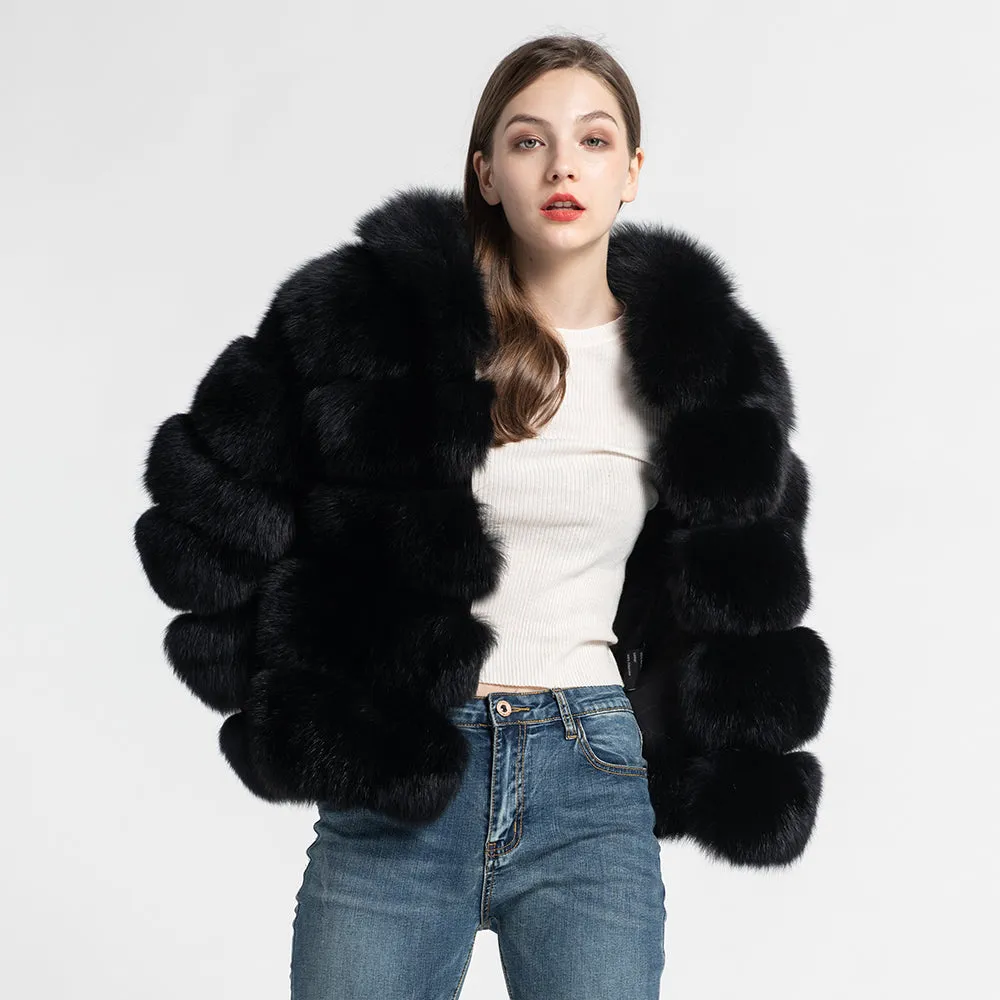Women Real Fox Fur Hood Coats Fashion Style Fur Jacket Black