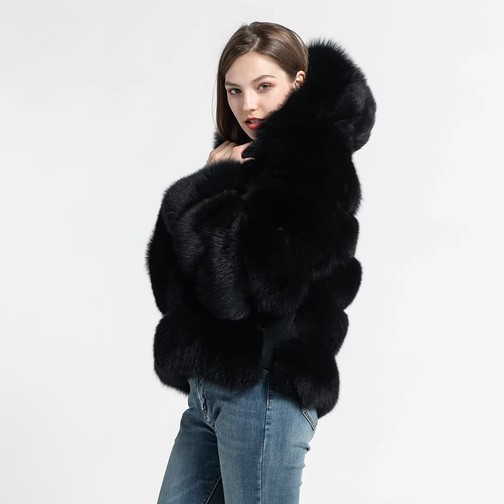 Women Real Fox Fur Hood Coats Fashion Style Fur Jacket Black