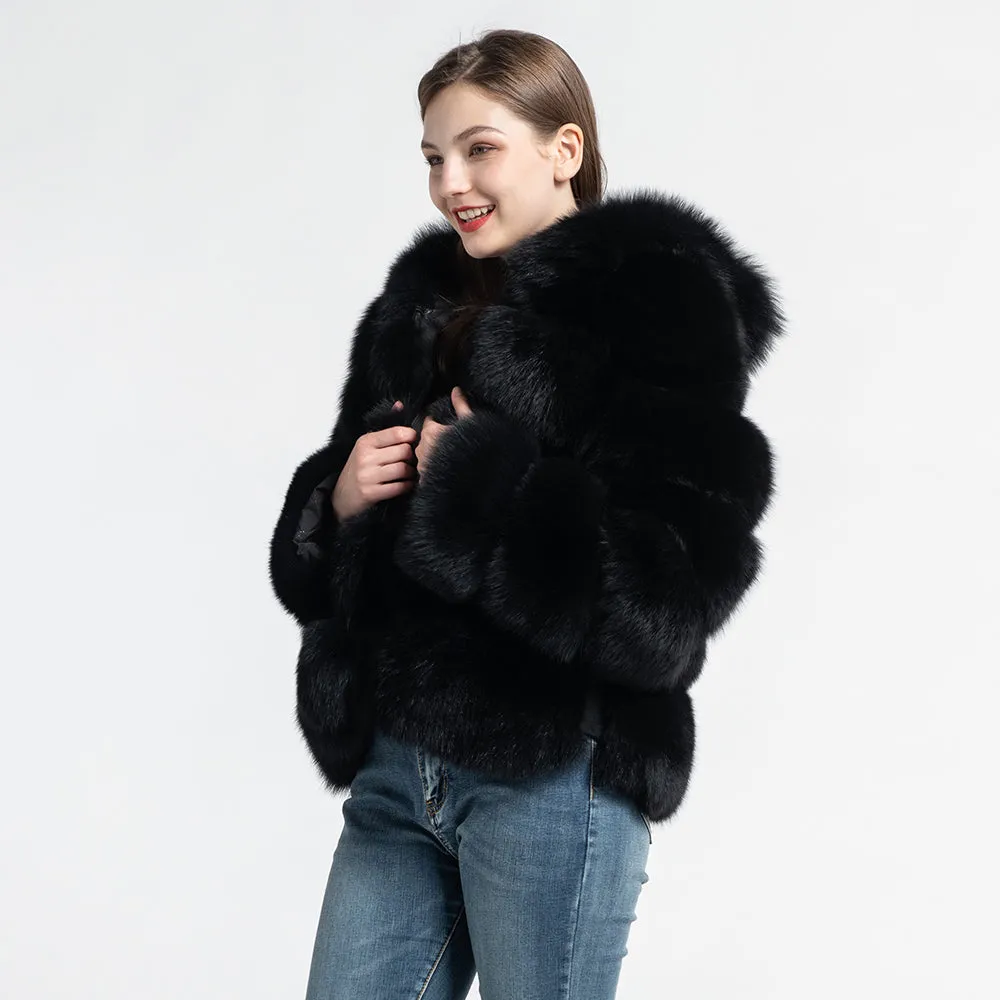 Women Real Fox Fur Hood Coats Fashion Style Fur Jacket Black
