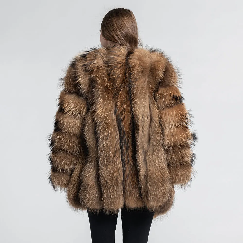 Women Real Natural Raccoon Fur Coat Winter Long Jacket