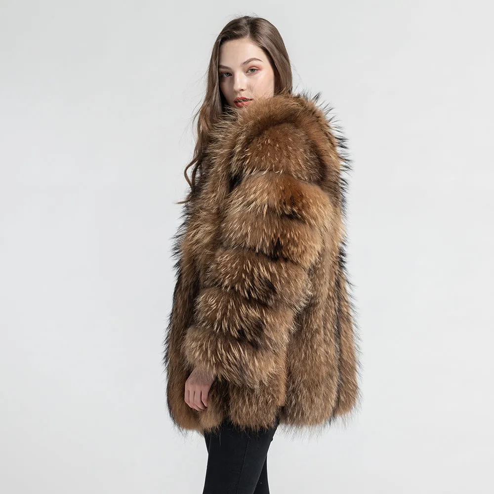 Women Real Natural Raccoon Fur Coat Winter Long Jacket