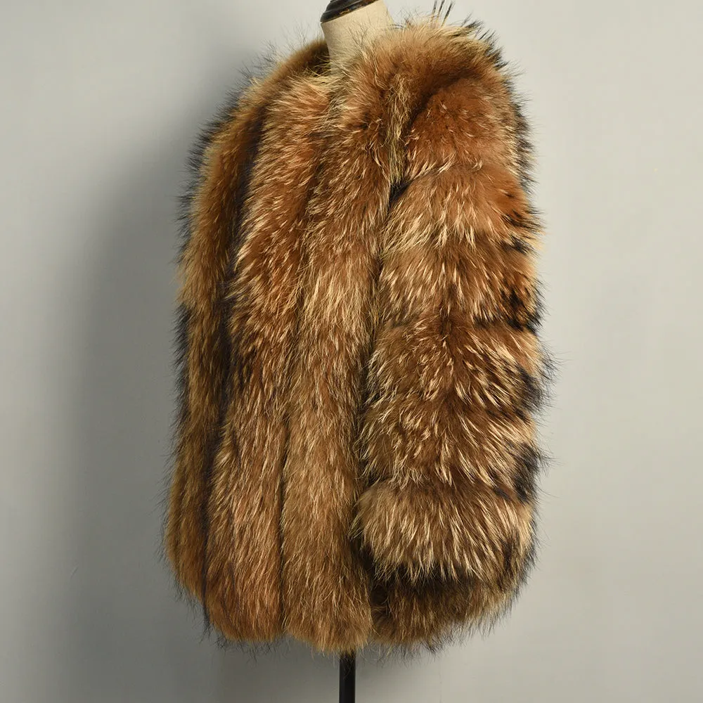 Women Real Natural Raccoon Fur Coat Winter Long Jacket