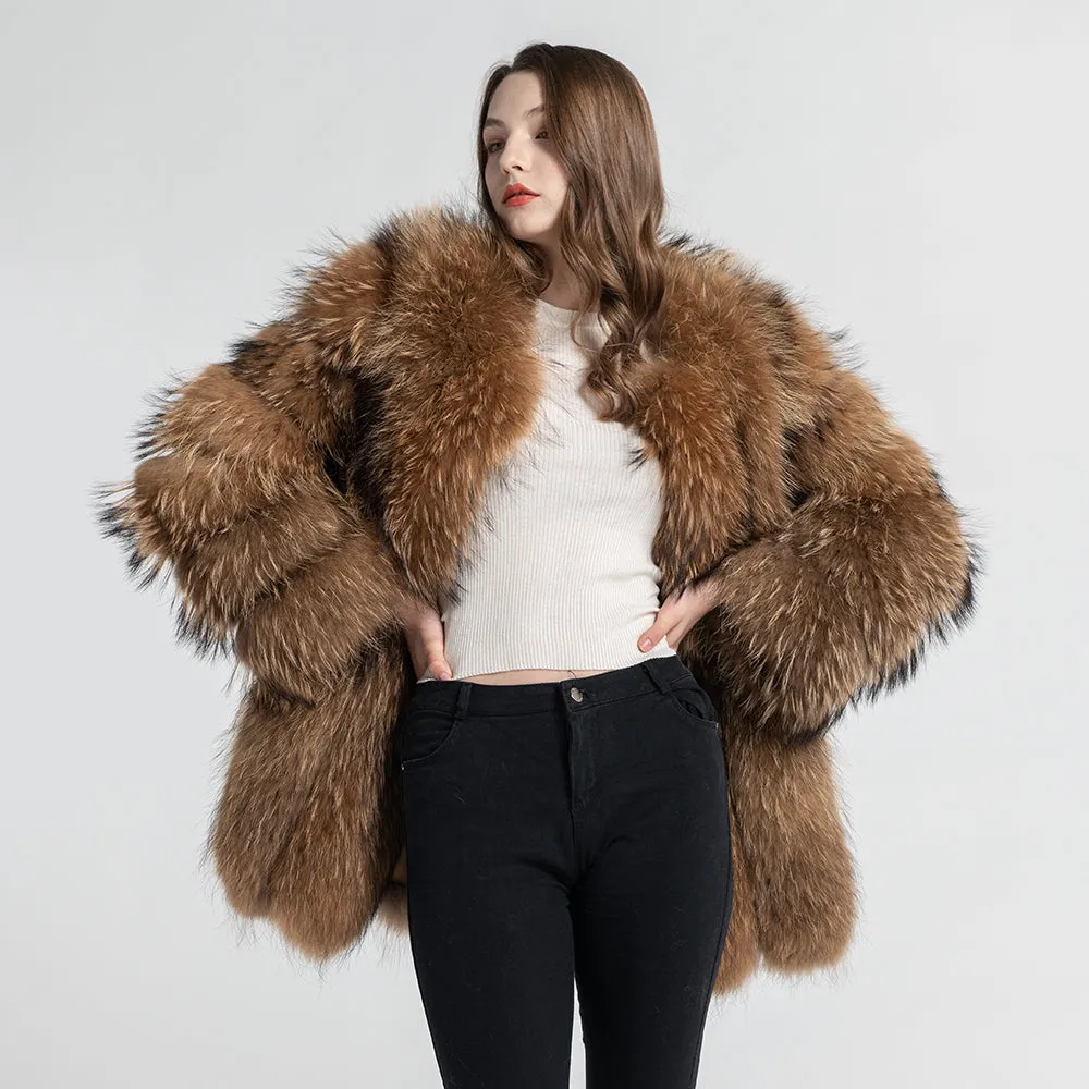 Women Real Natural Raccoon Fur Coat Winter Long Jacket