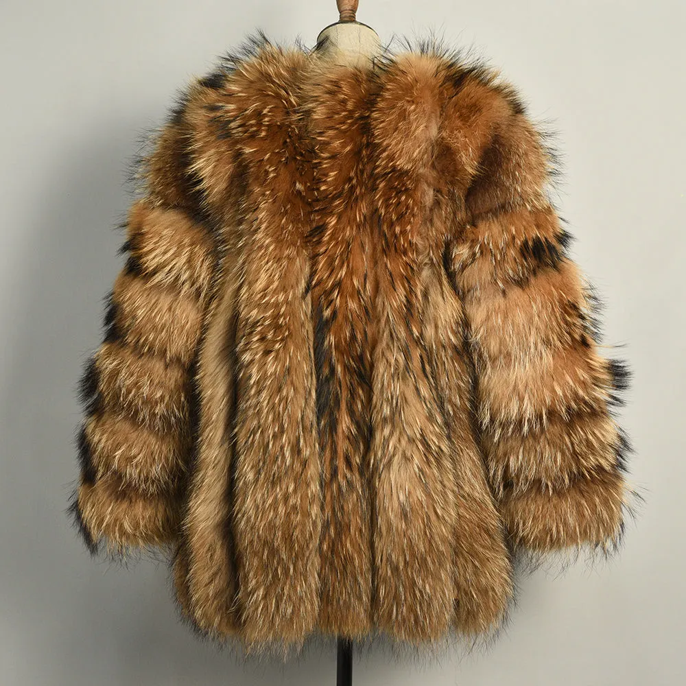 Women Real Natural Raccoon Fur Coat Winter Long Jacket