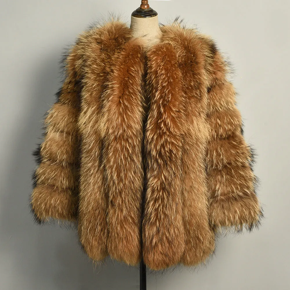 Women Real Natural Raccoon Fur Coat Winter Long Jacket