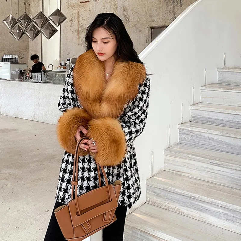 Women Winter Luxury Wool Coat Long Style Fashion Real Fox Fur Warm Overcoat