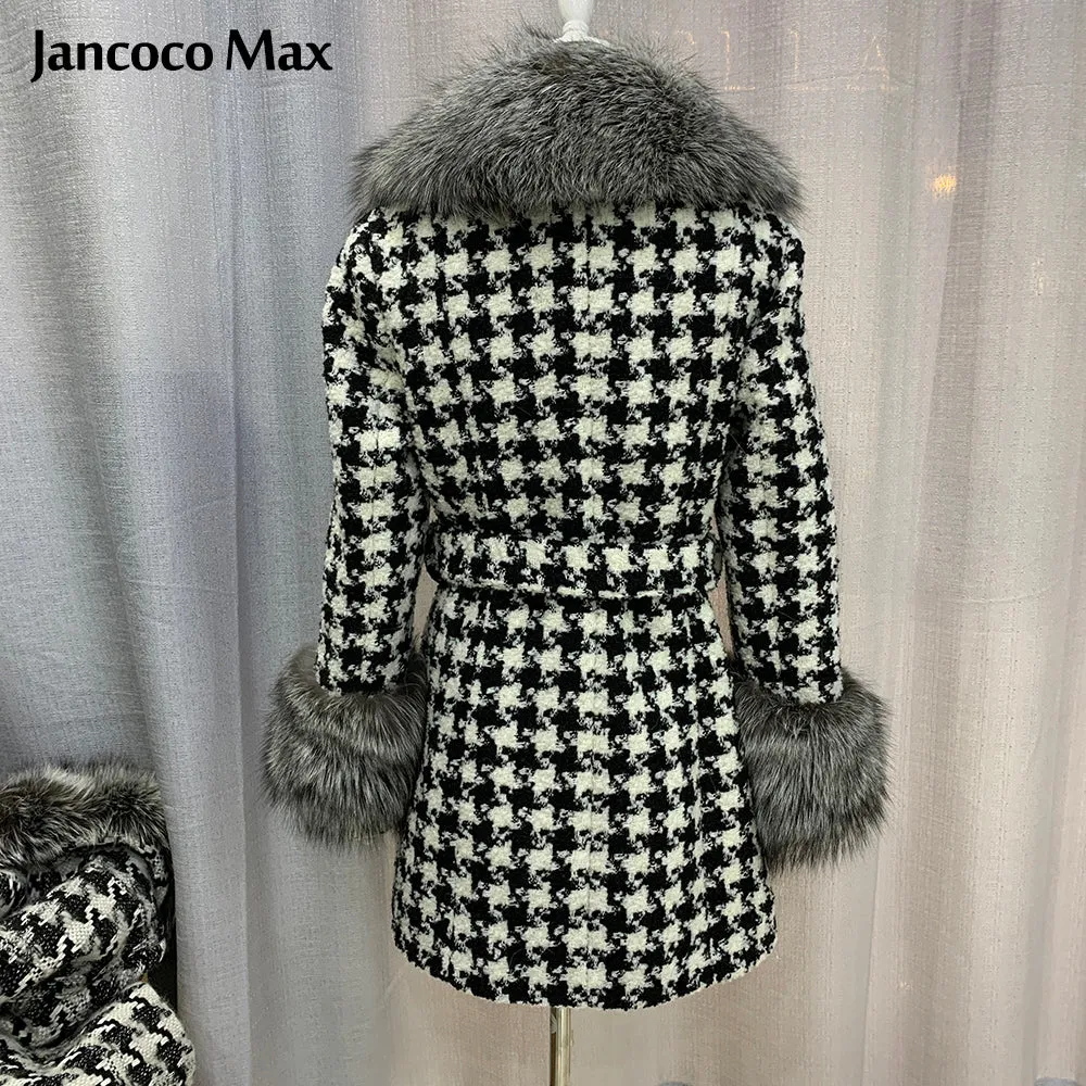 Women Winter New Wool Coat Fox Sleeve Long Real Fox Fur Jacket Warm Overcoat