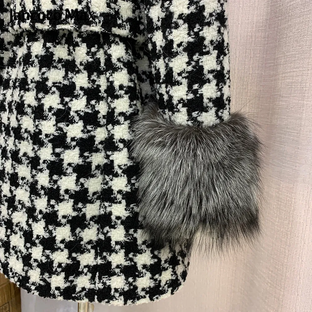 Women Winter New Wool Coat Fox Sleeve Long Real Fox Fur Jacket Warm Overcoat