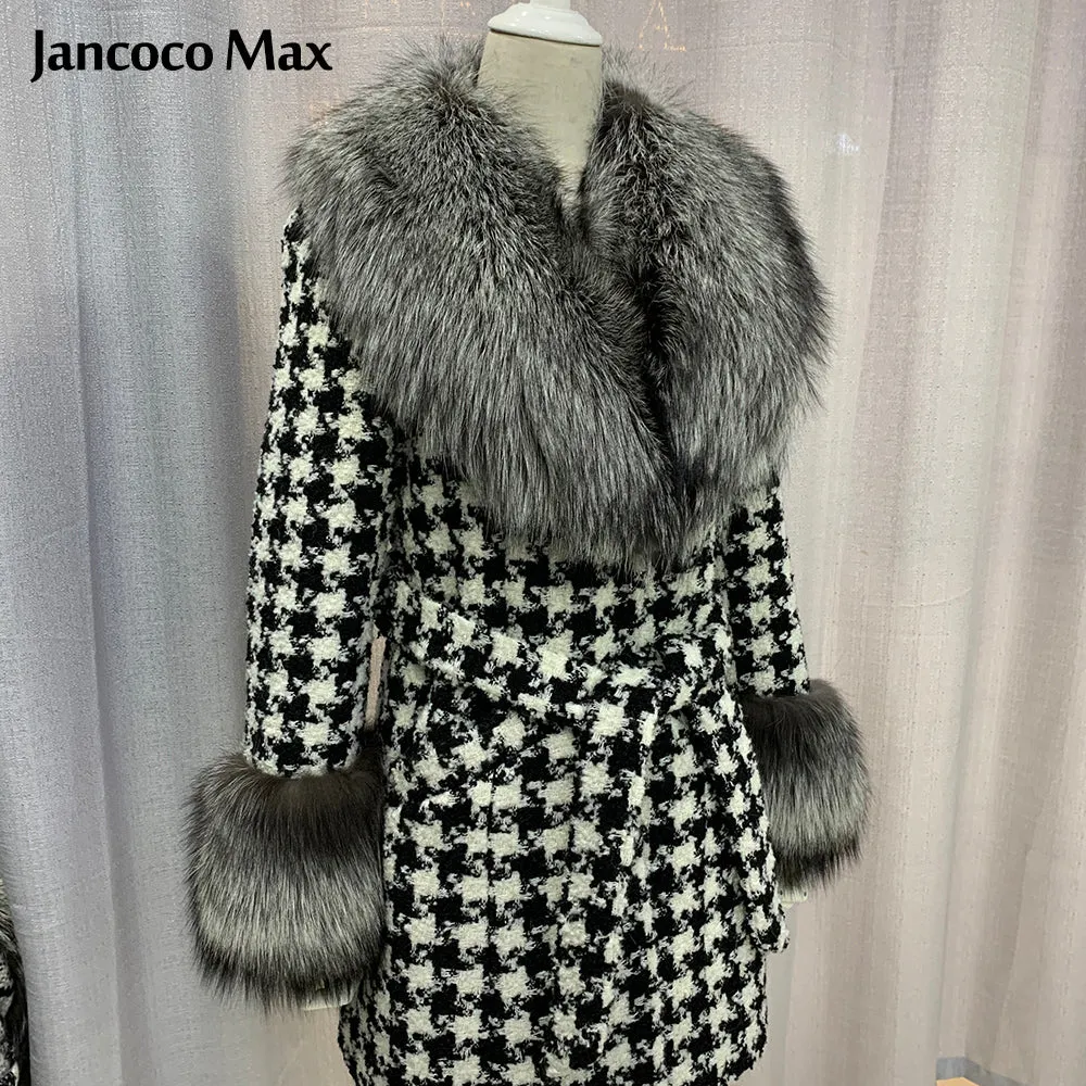 Women Winter New Wool Coat Fox Sleeve Long Real Fox Fur Jacket Warm Overcoat