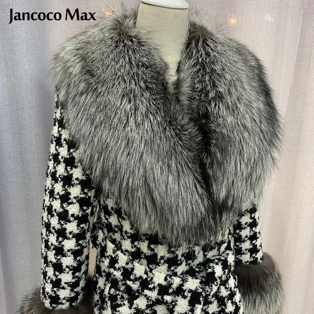 Women Winter New Wool Coat Fox Sleeve Long Real Fox Fur Jacket Warm Overcoat