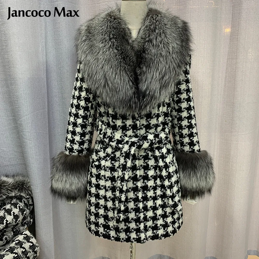 Women Winter New Wool Coat Fox Sleeve Long Real Fox Fur Jacket Warm Overcoat