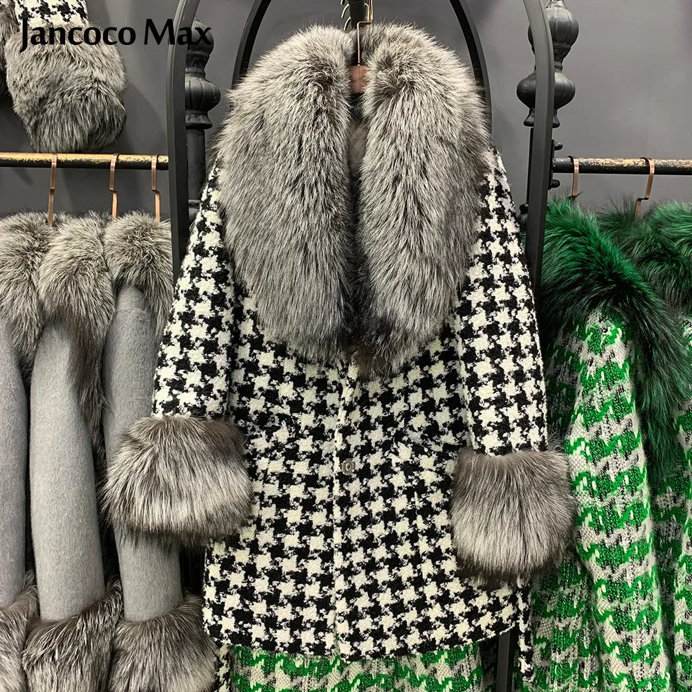 Women Winter New Wool Coat Fox Sleeve Long Real Fox Fur Jacket Warm Overcoat