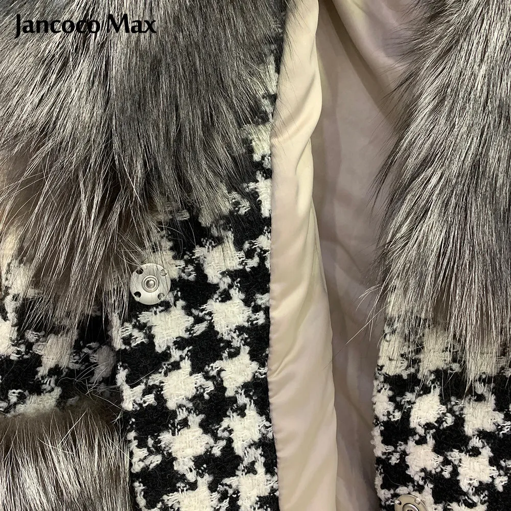 Women Winter New Wool Coat Fox Sleeve Long Real Fox Fur Jacket Warm Overcoat
