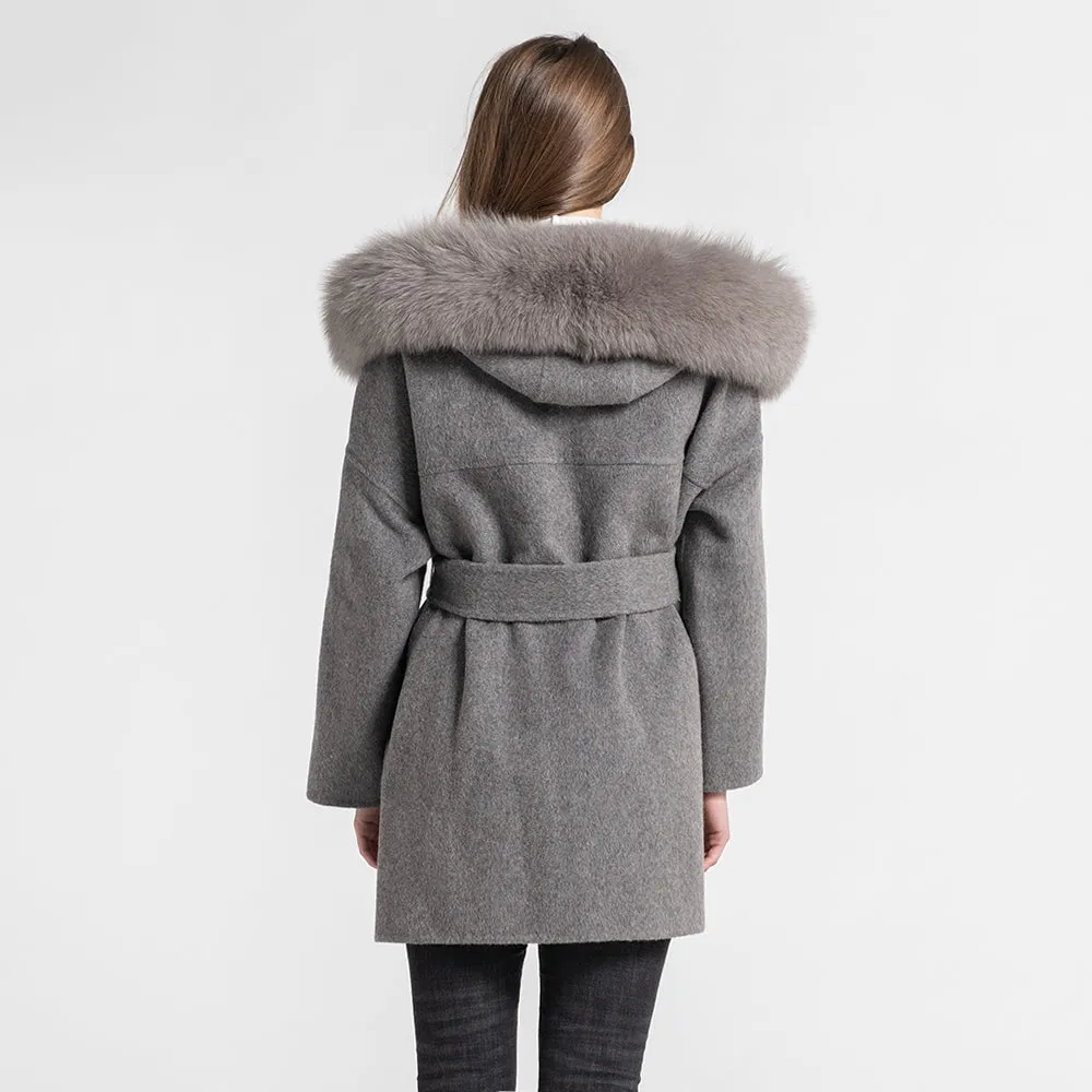 Women Winter Wool Grey Coat Real Fox Fur Hood Cashmere Jacket