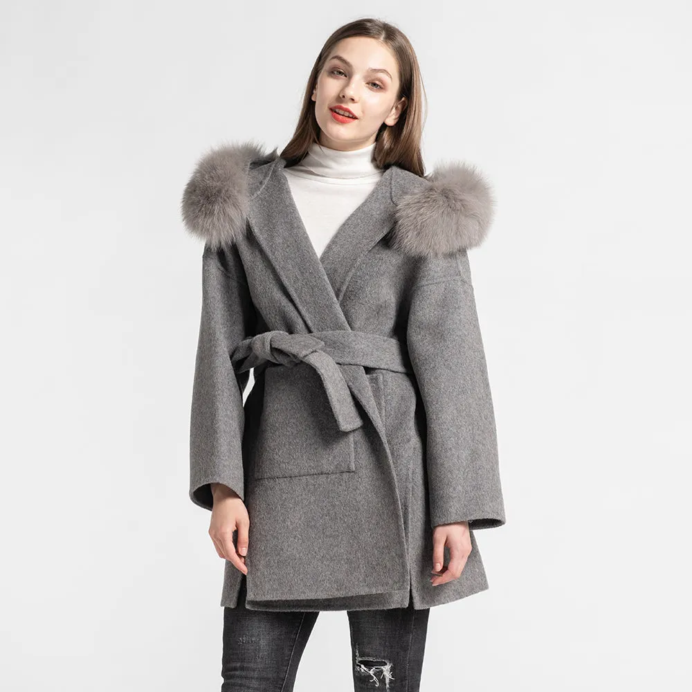 Women Winter Wool Grey Coat Real Fox Fur Hood Cashmere Jacket