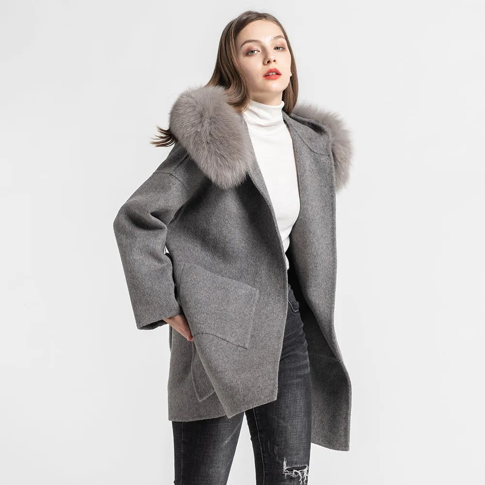 Women Winter Wool Grey Coat Real Fox Fur Hood Cashmere Jacket