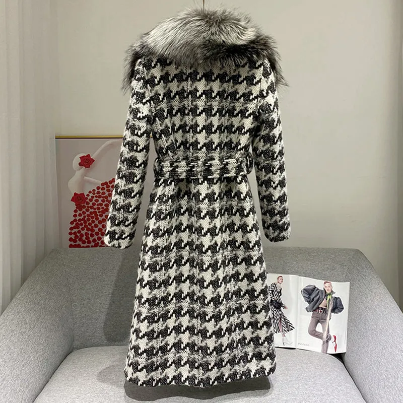 Women Wool Coat Long Style Real Fox Fur Jacket Winter Warm Overcoat