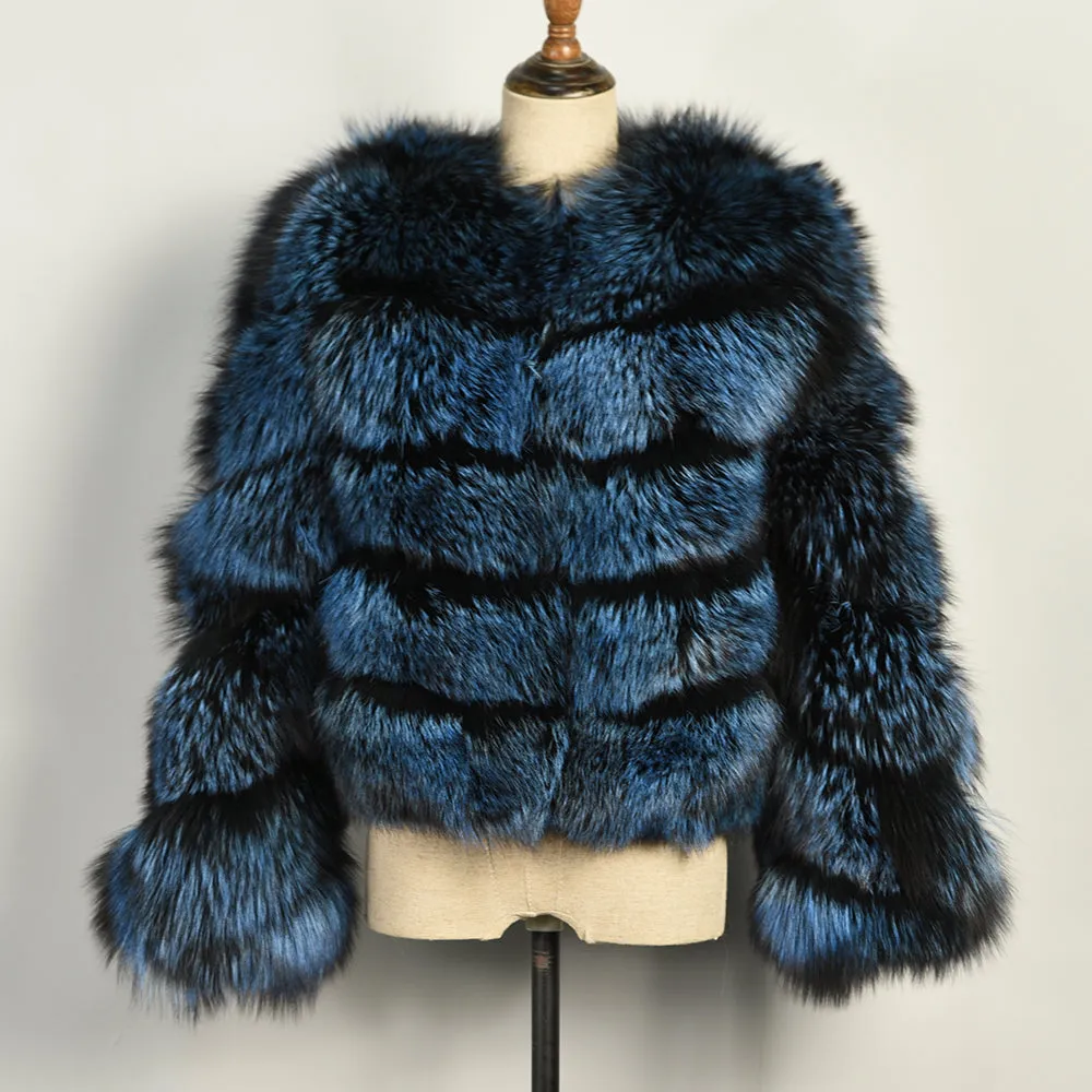Women's Blue Silver Fox Fur Jacket Lady's Real Fur Coat