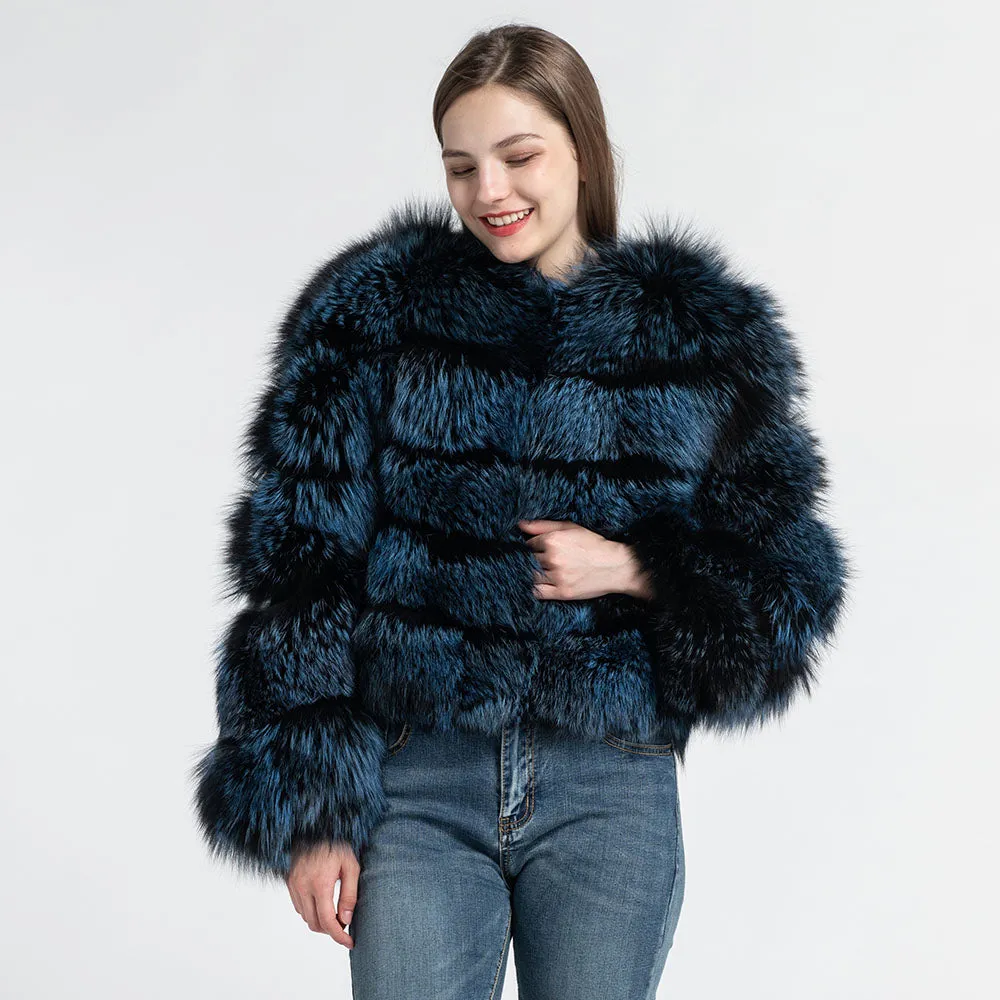 Women's Blue Silver Fox Fur Jacket Lady's Real Fur Coat