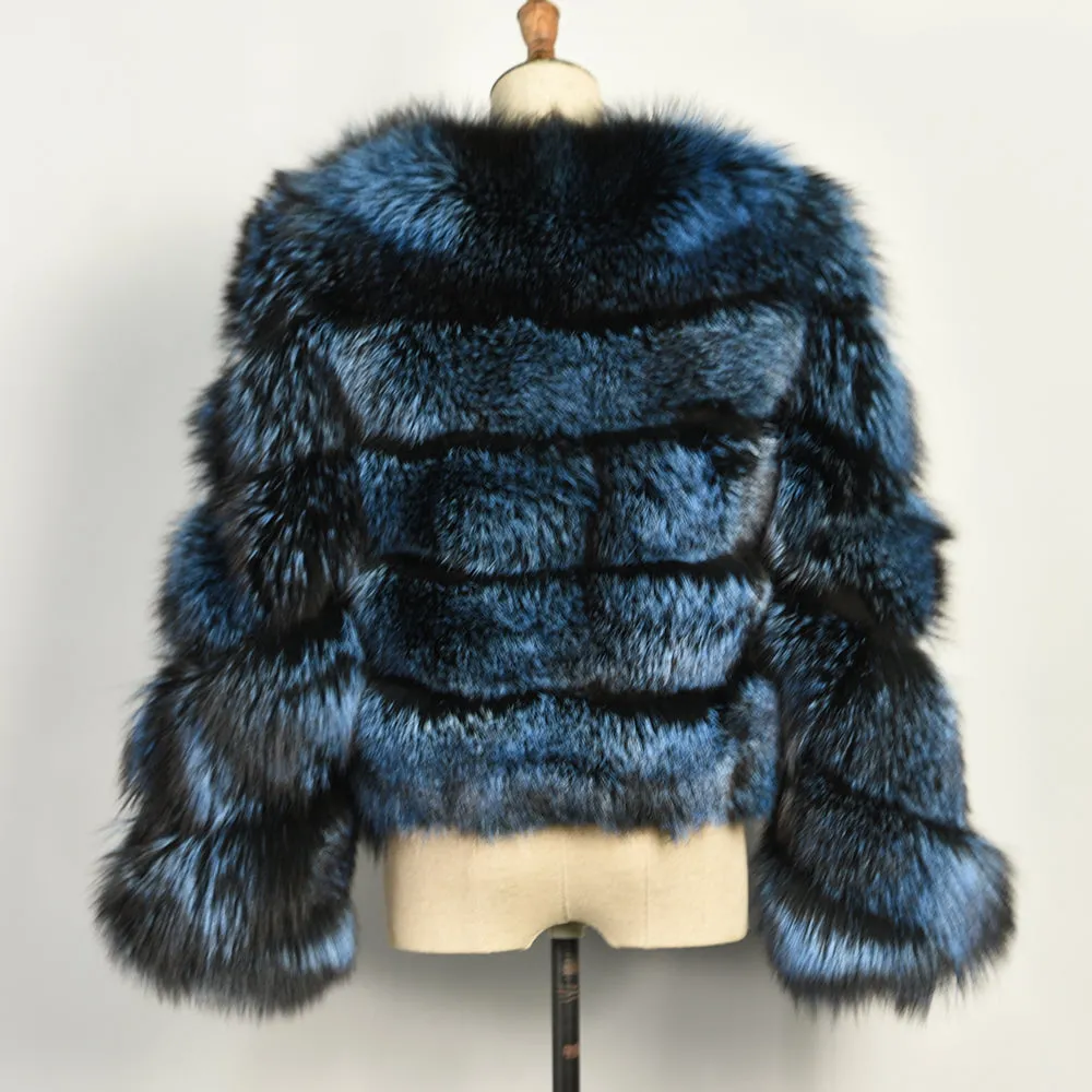 Women's Blue Silver Fox Fur Jacket Lady's Real Fur Coat