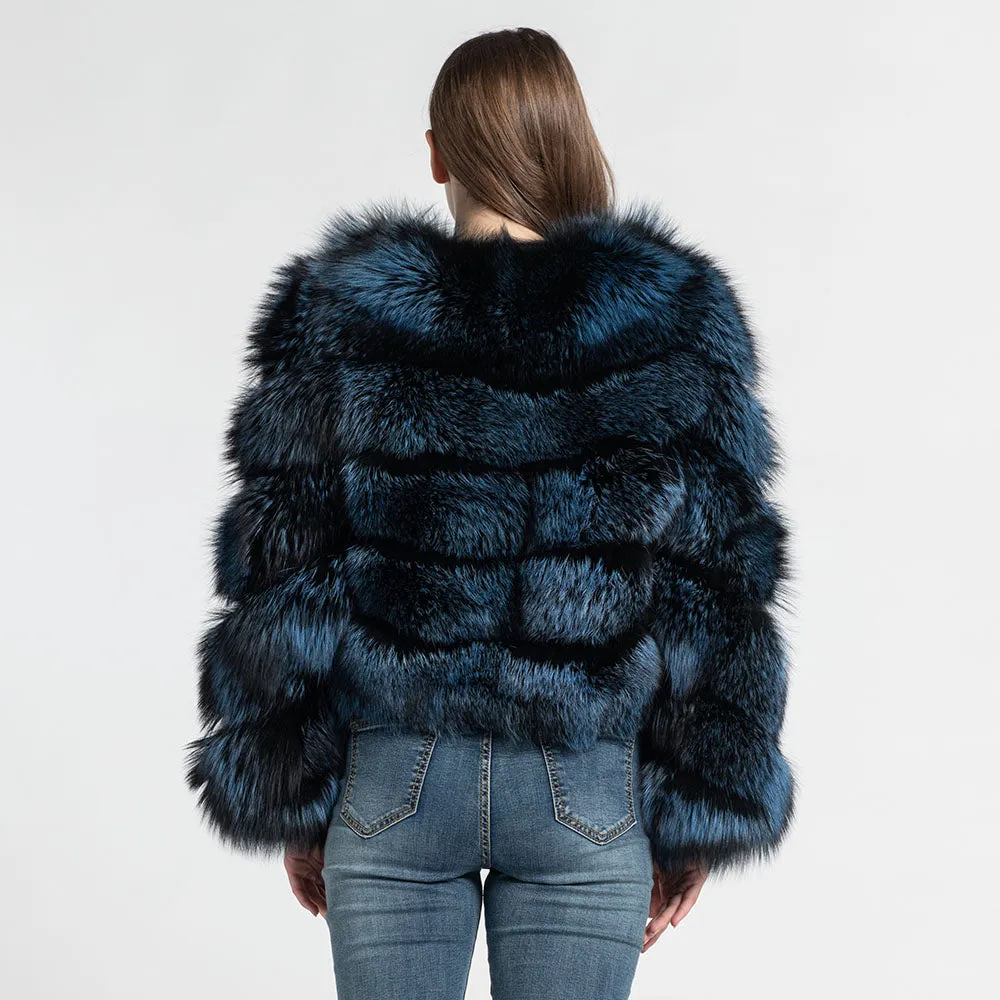 Women's Blue Silver Fox Fur Jacket Lady's Real Fur Coat