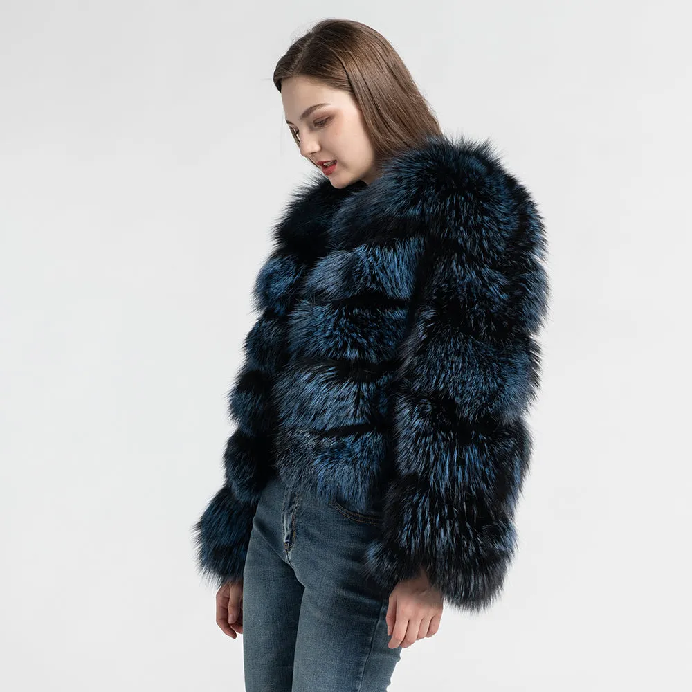 Women's Blue Silver Fox Fur Jacket Lady's Real Fur Coat