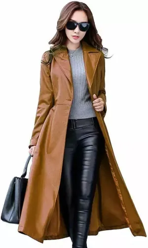 Women's Brown Trench Leather Jacket coat. Real Soft Lambskin Leather Long Coat