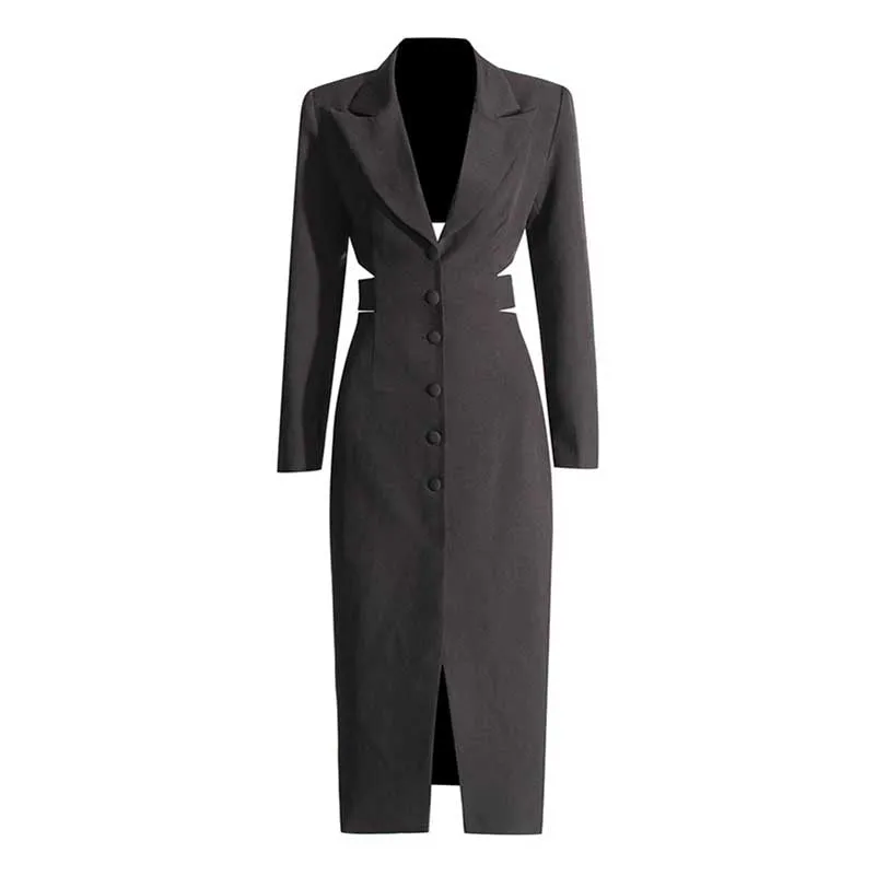 Women's Cut-Out Maxi Coat Slim Fit Black Blazer Dress