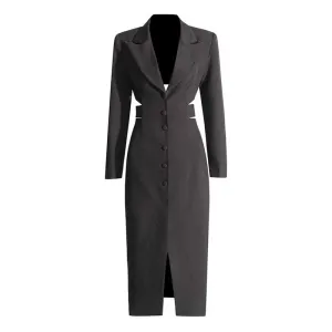Women's Cut-Out Maxi Coat Slim Fit Black Blazer Dress