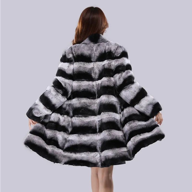 Women's Fashion Rex Rabbit Fur Long Coats Luxury Chinchilla Overcoats