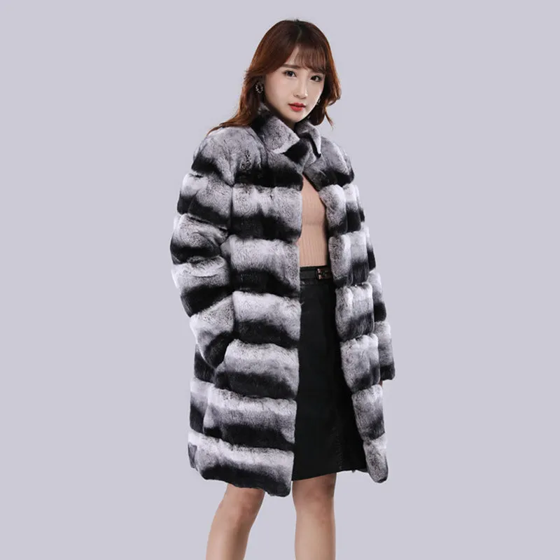 Women's Fashion Rex Rabbit Fur Long Coats Luxury Chinchilla Overcoats