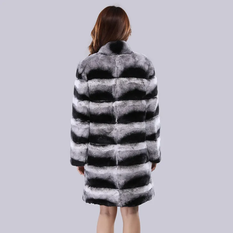 Women's Fashion Rex Rabbit Fur Long Coats Luxury Chinchilla Overcoats