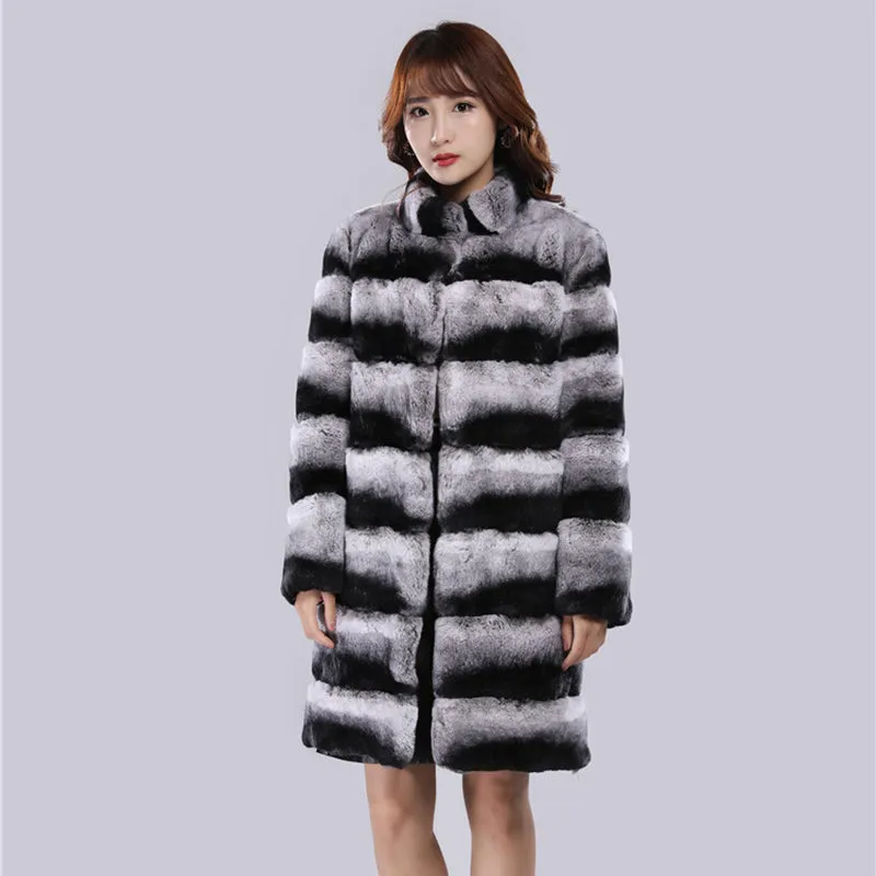 Women's Fashion Rex Rabbit Fur Long Coats Luxury Chinchilla Overcoats