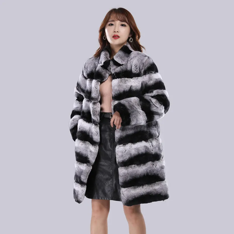 Women's Fashion Rex Rabbit Fur Long Coats Luxury Chinchilla Overcoats