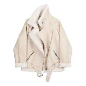 Women's Faux Leather Jacket Sheepskin For Collar and Sleeve