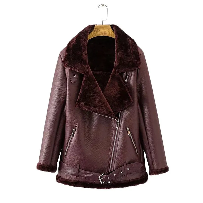 Women's Faux Leather Jacket Sheepskin For Collar and Sleeve
