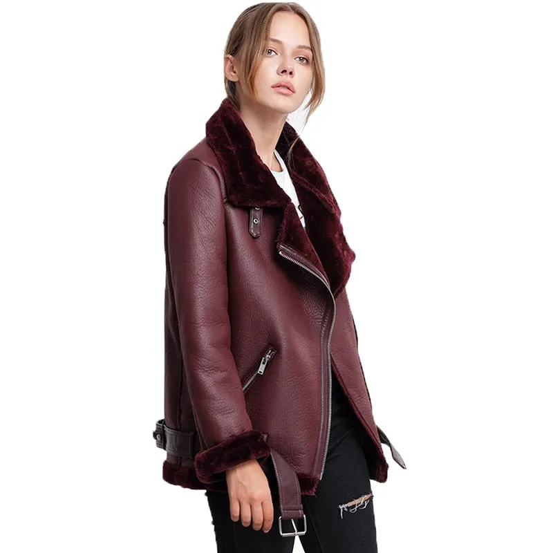 Women's Faux Leather Jacket Sheepskin For Collar and Sleeve