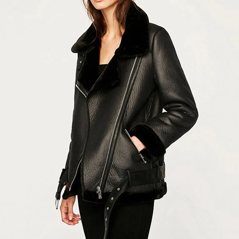 Women's Faux Leather Jacket Sheepskin For Collar and Sleeve