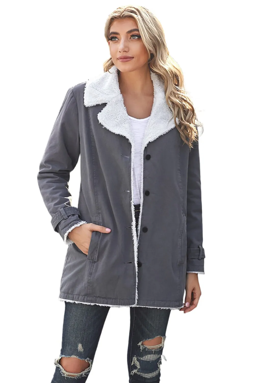 Women's Gray Lapel Collar Button Fleece Jacket