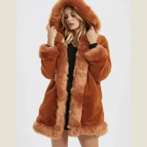 Womens Hooded Faux Fur Collar Coat