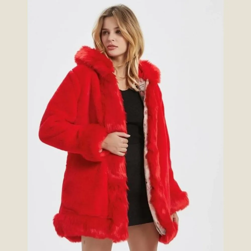 Womens Hooded Faux Fur Collar Coat