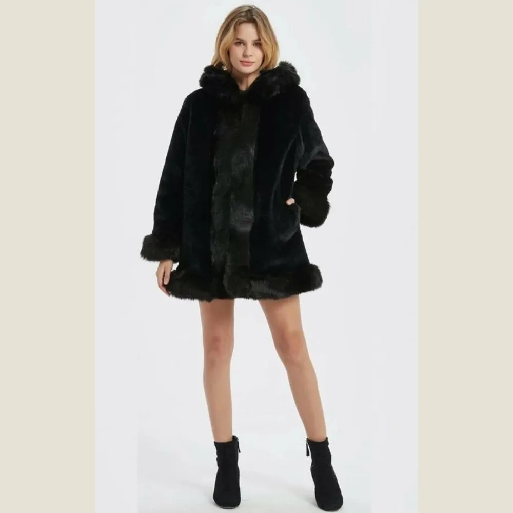 Womens Hooded Faux Fur Collar Coat