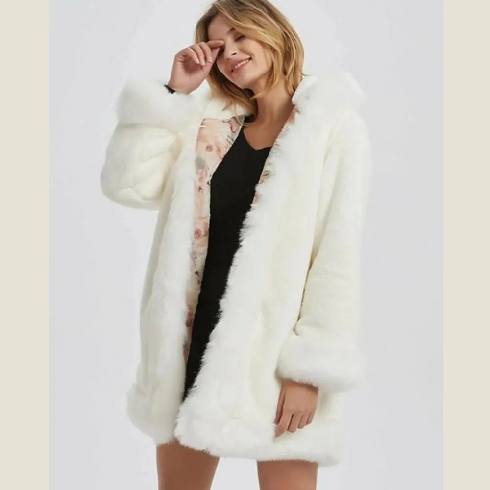 Womens Hooded Faux Fur Collar Coat