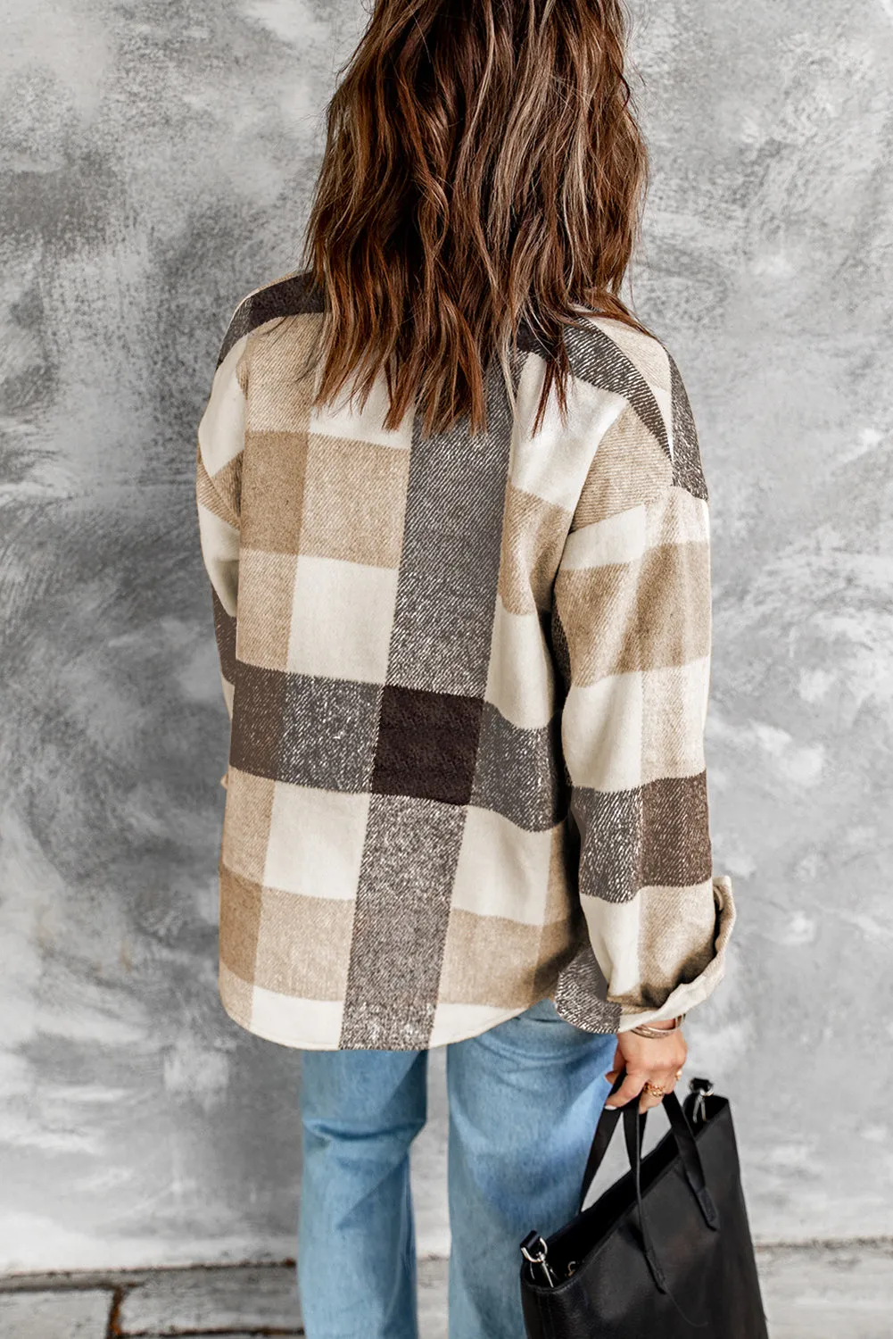 Women's Khaki Plaid Color Block Buttoned Pocket Long Sleeve Shirt Jacket
