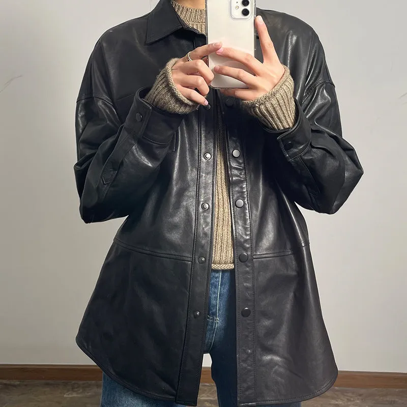 Women's Leather Trench Jacket Genuine Sheepskin Vegetable Tanned Leather Coat Lady Full Sleeve Turn Down Collar CL4020