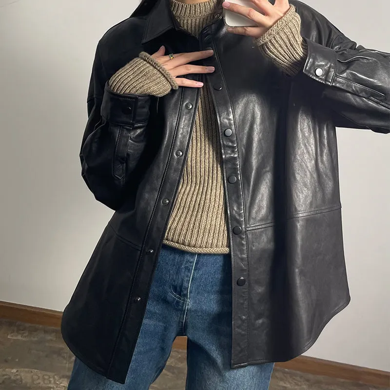 Women's Leather Trench Jacket Genuine Sheepskin Vegetable Tanned Leather Coat Lady Full Sleeve Turn Down Collar CL4020