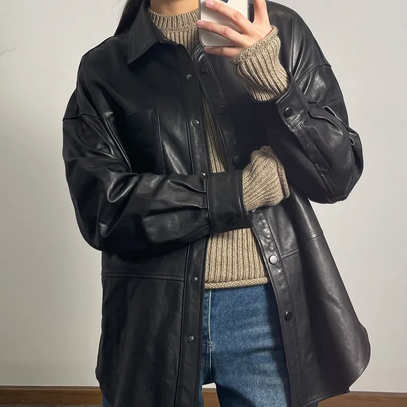 Women's Leather Trench Jacket Genuine Sheepskin Vegetable Tanned Leather Coat Lady Full Sleeve Turn Down Collar CL4020